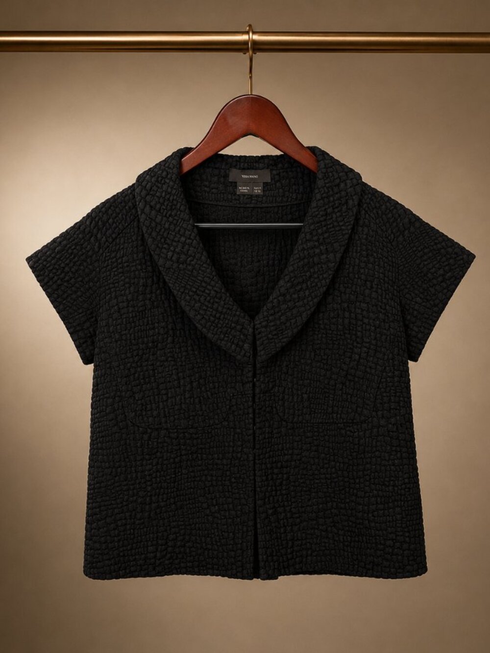 Vera Wang Collection Womens 0 Black Textured Cloque Cap Sleeve Crop Jacket